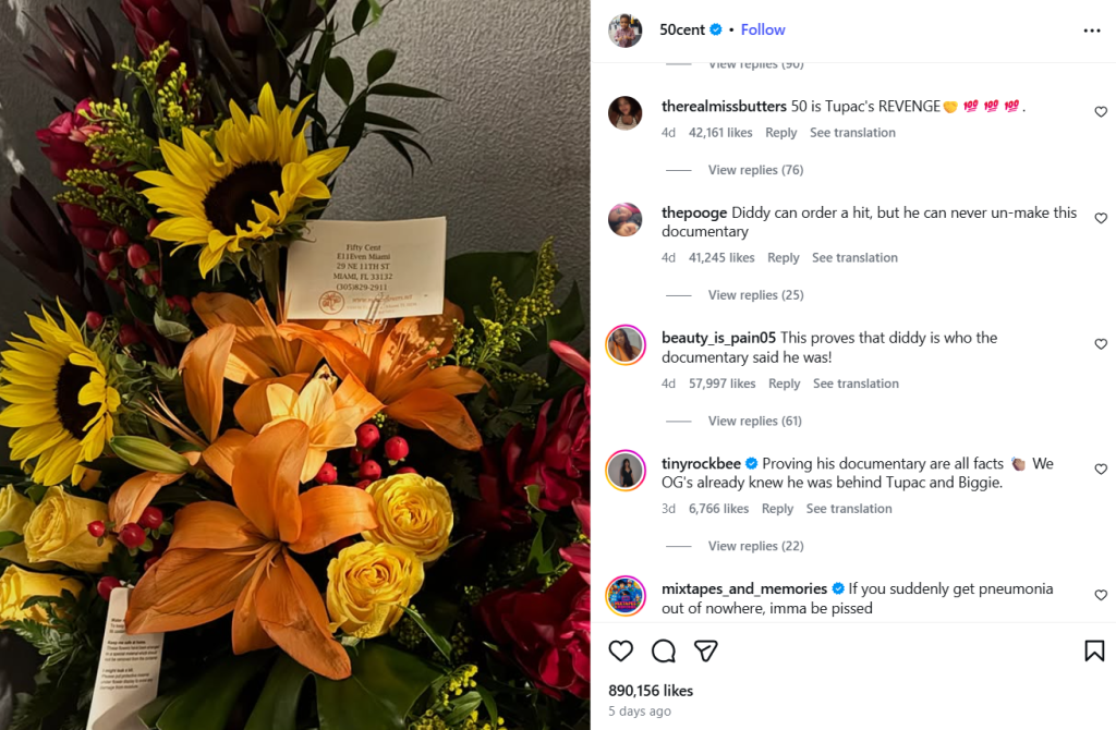 50 Cent получи цветя от Пи Диди след появата на документалния филм за него